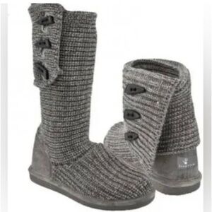 BearPaw Knit Tall Gray Boots Fold Over Pull On Cozy Size 6